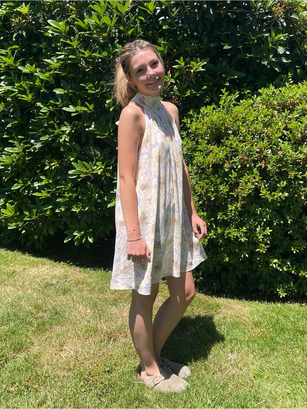 Mark & James Badgley MischkaFloral Halter Swing Dress in Soft Lavender & Yellow